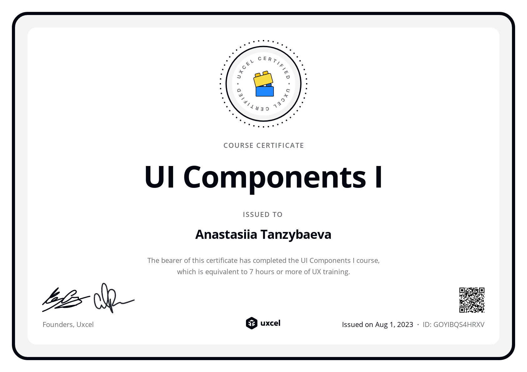 Anastasiia Tanzybaeva's certificate